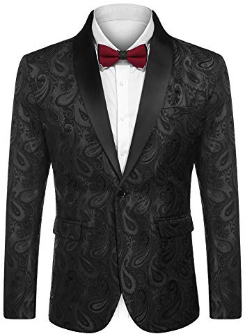 Coofandy Giacca da Smoking Floreale da Uomo con Scialle Paisley con Risvolto per Cena, Ballo di fine Anno, Matrimonio, Nero, 3XL