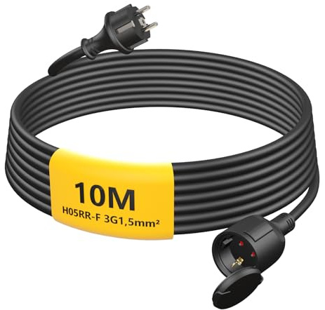 Verlängerungskabel Outdoor 10m, Gummi Stromkabel Verlängerung mit Schuko Stecker für den Außenbereich IP44, Kabelverlängerung außen H05RR-F 3G1,5mm² mit Schutzkappe, Außenkabel, 3500W, Schwarz