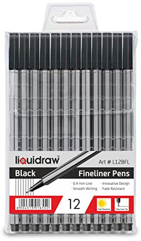 Liquidraw Black Fineliner Pens - 12 Set | Fine Point 0.4 mm Tip | Storage Wallet | Black Coloured Pens For Artists, Handwriting, Drawing, Calligraphy, Sketching | Ergonomic Design | Fade Resistant Ink