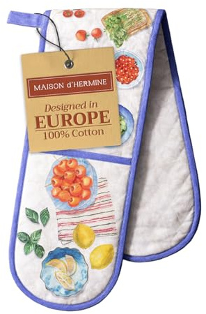 Maison d' Hermine Double Oven Mitts 100% Double Cotton Oven Glove 18 x 89cm | Heat Resistant BBQ Cooking Gloves with Loop Baking Grilling Kitchen Hotel Home Farmhouse Spring Summer - Gourmand