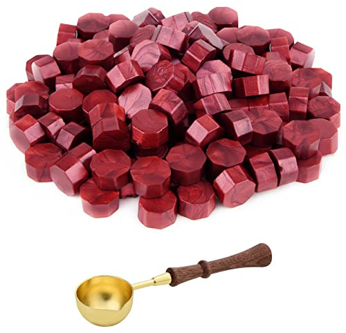 Astaron 300 Pcs Sealing Wax Beads, Lots of Colors Options for Seal Stamp, Octagon Kit with 1 Melting Spoon, Perfect Invitations Cards Envelopes Wine Packages Gift Wrapping, Wine Red