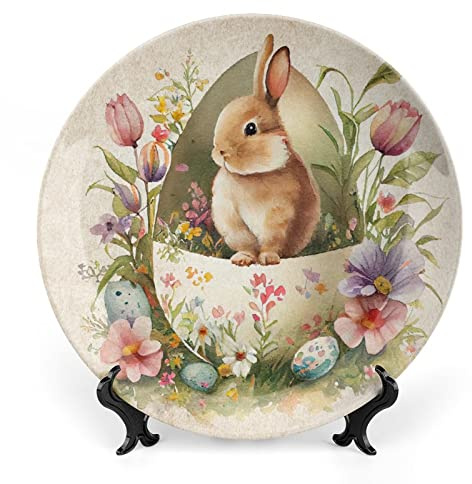 Gokays Vintage Easter Decorative Plates, Rabbit w/Flower and Eggs Ceramic Plate, Wobble-Plate with Display Stand, Home Decor for Living Room Dining Room, Farmhouse Wall Hanging Round Plate Sign 10