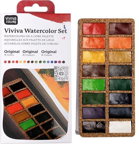 Viviva VV276039 Aquarellfarben-Set, 16 lichtechte und lebendige Farben in Schalen auf Korkpalette für Outdoor und Reisen, handgefertigt - 16 Farben