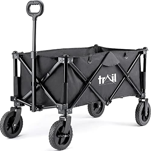 Trail Folding Camping Festival Trolley, 80kg Capacity, Black | Heavy-Duty Steel Frame, Easy Fold Design, 360° Front Castor Wheels, Reinforced Storage Basket, Telescopic Pull Handle