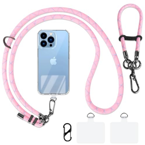 AULEEP Anti Theft Cell Phone Lanyard Crossbody, 2 Pcs Adjustable Phone Neck Safety Cross Body Strap & Wrist Strap for Women and Men with 2 Phone Tether Pads for iphone and All Smartphones (Pink)