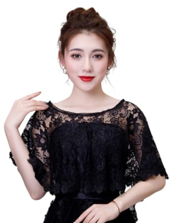 SamHeng Capa de Boda para Novia, Elegante Flor Bordada Bolero Mujer Envoltura de Chal Cobertura de Hombros Damas de Honor Capelets para Vestido de Noche Formal Disfraz de Fiesta (Negro)