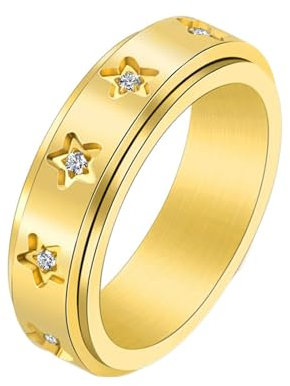 Homxi Edelstahl Damenring mit Gravur,6MM Sterne mit Spinnerring Damen Ringe Gold Damen Ring Größe 52 (16.6)