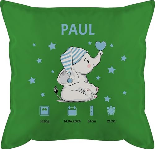 Kissen 50x50 - Elefant Geburtsdaten mit Name Geschenk zur Geburt Geschenkidee I Geldgeschenk zur Geburt - 50 x 50 cm - Grün - Baby personalisierte Geschenke geburtskissen Geburtsgeschenk