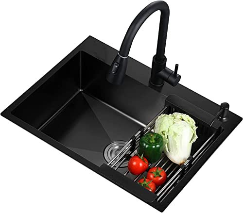 Waschbecken für zu Hause, Küchenspülen, Küchenspüle, Nano-Edelstahl-Einzelspüle, große Kapazität, herausziehbarer Mixer, leicht zu reinigen, verschiedene Größen (Farbe: Schwarz, Größe: 60 x