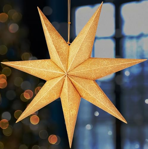 BRUBAKER 60 cm Weihnachtsstern für Innen - Adventsstern mit E14 Fassung | Fenster Leuchtstern zum Aufhängen - Stern Set Weihnachten mit 3,5 m Kabel - 3D Papierstern Deko Hängend - Gold