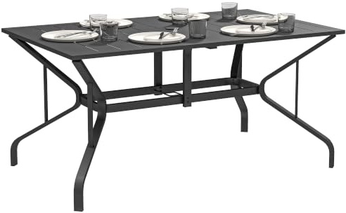 Outsunny Rectangle Garden Table with Parasol Hole 150cm x 90 cm Black | Outdoor Dining Table for 6, Patio Table, Steel Frame, Slat Tabletop, for Balcony, Patio