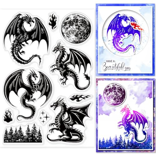 GLOBLELAND Sello transparente de dragón de fuego, fase lunar, sellos de goma transparente, sellos de silicona para manualidades, álbumes de recortes, álbumes de fotos, tarjetas decorativas, decoración