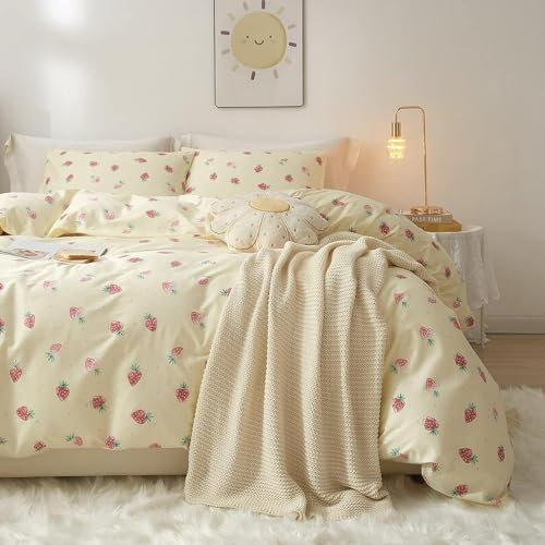 Sedefen Kinder Bettwäsche 200x200 cm Mädchen Creme Beige Erdbeeren Muster Wendebettwäsche Set aus Microfaser Bettbezug und 2 Kissenbezug 80x80cm mit Reißverschluss