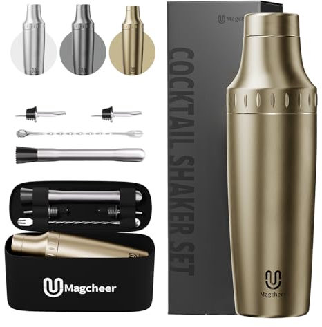 Magcheer Cocktail Shaker Set mit Integrierter Maßskala 900ml Premium Edelstahl Frostsicherer Doppelwand-Barkeeper Set Geschenkset mit Aufbewahrungsbox für Anfänger und Barkeeper(Gold)