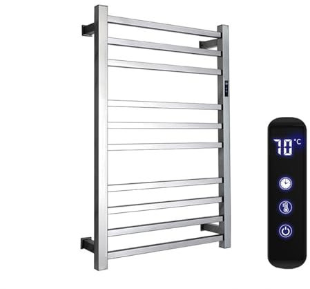 CYXZE Scaldasalviette Elettrico a Basso Consumo Parete Verticale 80 W, Display LED, Touch Control, Timer,Scaldasalviette Elettrico Bagno 78x50CM,Acciaio Inossidabile,Silver1