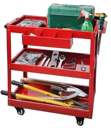 YCOVSFP 3-stöckiger Werkzeugwagen Mit Rädern Und Schraubendreherhalter, Stecktafel, 150 Kg, Robuster Werkzeugwagen for Zuhause, Garage, Lager, Werkstatt, Allzweckwagen(Red)