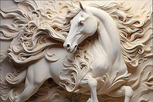 ZYHFDC Papier Peint Panoramique Relief en plâtre du cheval blanc Tableaux Muraux Tapisserie Photo Décoration Murale Salon Chambre 250CM(L)*175CM(H)