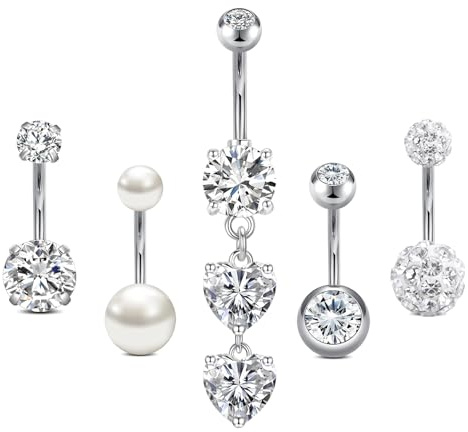 AceFun 14G Piercing Ombelico Acciaio Inox Argento 10mm - 5 Pezzi Corto Cuore Piercing Ombelico Acciaio Chirurgico Donne