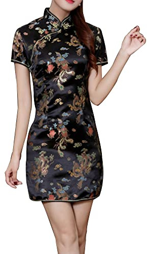 Cheongsam Dress for Women Qipao Slim Fit Short Sleeve Bodycon Mandarin Collar Side Slit Chinese Floral Print Dragon Dress (as1, Alpha, xs, Regular, Regular, Black Dragon)