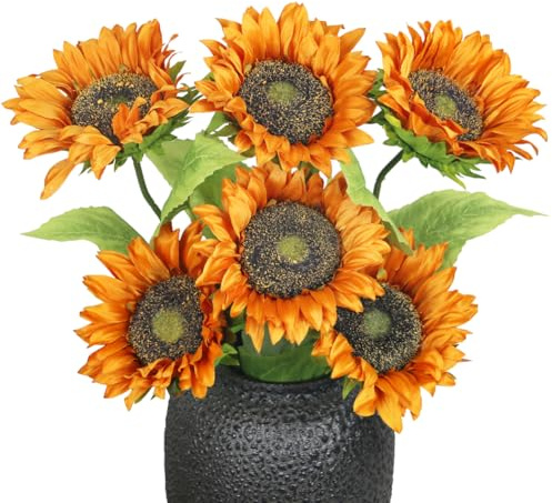 Olrla Set mit 6 einfachen künstlichen Sonnenblumen mit langem Stiel, orangefarbene Seide für Blumenarrangements, Frühlingsdekoration, Tischdekoration für Büro und Zuhause (ohne Vase)