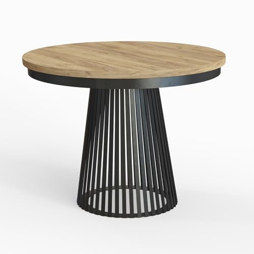 MEBLINI Esstisch Rund Ausziehbar aus Metall - Loft - Esszimmertisch Modern - Küchentisch - Ausziehtisch - Round Dining Table - Esszimmertische - 100-176x77cm - LAMORE - Gold Craft Eiche/Schwarz Matt
