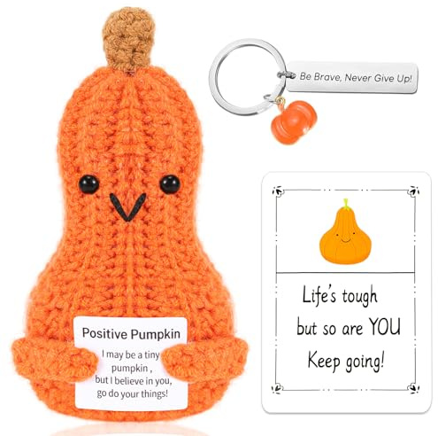 Citrouille Positive, Peluche Citrouille Tricotée avec Carte Motivante et Porte-clés, Cadeau Rigolo pour Famille, Homme, Femme, Collègue, Cadeau Anniversaire, Soutien Émotionnel et Décorations