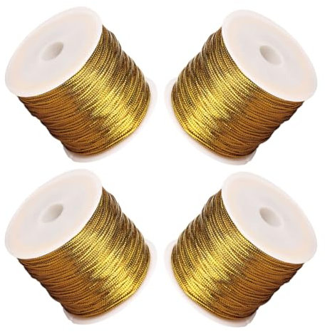 FOYTOKI Cuerda Elástica Dorada para Envolver Regalos y Manualidades, 4 Rollos de Hilo Resistente y Flexible para Atar Bolsas y Embalajes