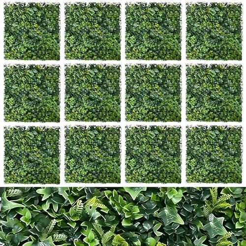 WUDLEP 12Pcs Artificial Hedge Panels, 50 × 50 Centimeters Faux Green Leaves Privacy Fence, Privacy Greenery Fence Wall Panels with Mixed Ferns & Grass for Outdoor Decor, Garden Backdrop, Home Cover