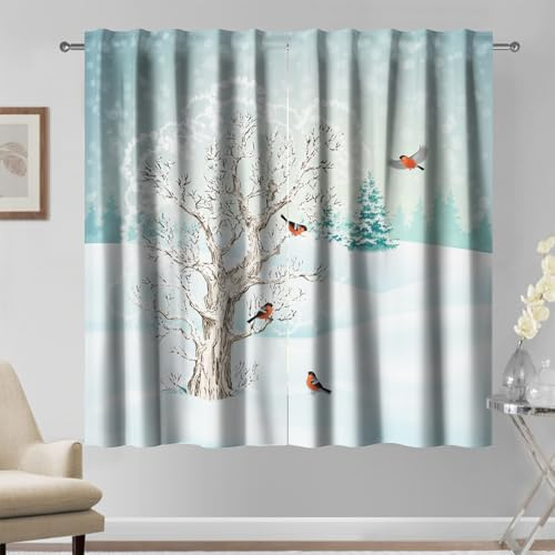 Kzzfqxb 117x138cm Tende 2 pannelli, Natale Capodanno terra coperta di neve bianca albero degli uccelli filtraggio della luce tenda, Decorazione bellissimo inverno per soggiorno camera da letto