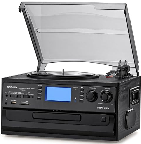 ORCC Tourne-disque 10 en 1, avec carte cadeau, platine vinyle pour 33/45/78 tr/min, CD/USB/SD, Bluetooth et télécommande, radio FM/AM pour les amateurs de musique, gris foncé