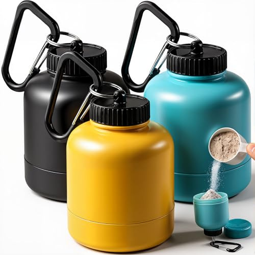 cersaty 3 Pcs Récipient à Protéines, 200ml Contenant de Poudre de Protéine | 2 en 1 Conception avec Mousqueton pour Transporter des Médicaments, Poudre de Protéines, Pilules