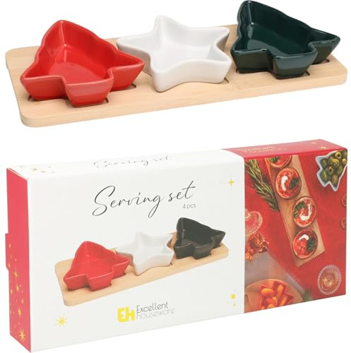 Carousel Home Christmas Serving Set | 3 Ceramic Snack Bowls with Wooden Paddle Tray | Festive Tapas and Condiment Serving Dish