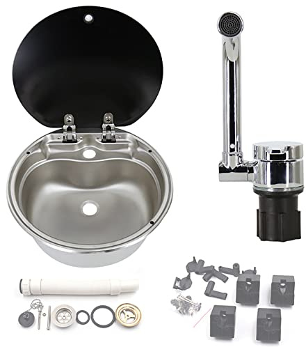 Évier de camping-car en acier inoxydable avec couvercle en verre et robinet – Évier de cuisine élégant pour camping-cars et camping-cars – Installation facile – Solution peu encombrante