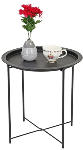 Greenfields Round Metal Tray Table with Foldable Legs – Removable Serving Top with Raised Edge – Modern Bedside or Sofa Side Table for Living Room, Bedroom & Office – Space-Saving Design (Black)