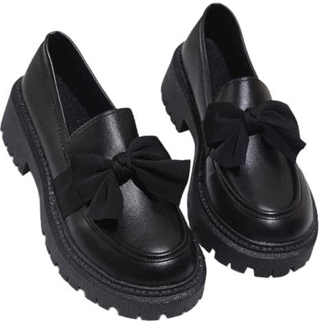 Mocasines de piel con forro de lana para mujer, suela gruesa, suaves, cálidos, sin cordones, tacón grueso, mocasines de tacón grueso, vestido de negocios, trabajo, Lazo negro mate, 39.5 EU