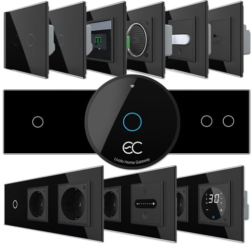 Interruptor de luz táctil WLAN EC Touch, regulador de intensidad, interruptor de persiana, enchufe Schuko, marco de cristal de panel de cristal, control de aplicación, color negro (interruptor de luz