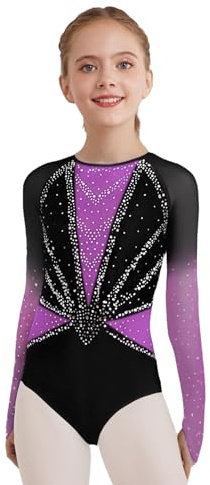Eandarui Kinder Mädchen Turnanzug Langarm Gymnastikanzug Strassstein Glänzend Ballettanzug Mesh Patchwork Sportbody Gymnastik Outfit