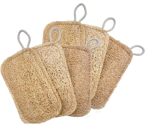 Loofah Cleaning Sponge, Natural Daily Bath Scrubbers Dishwashing Sponges, Organic Loofah Body Brush, Natural Mesh Sponge for Shower Scrubbing Kitchen Clean(6pcs Rectangle)