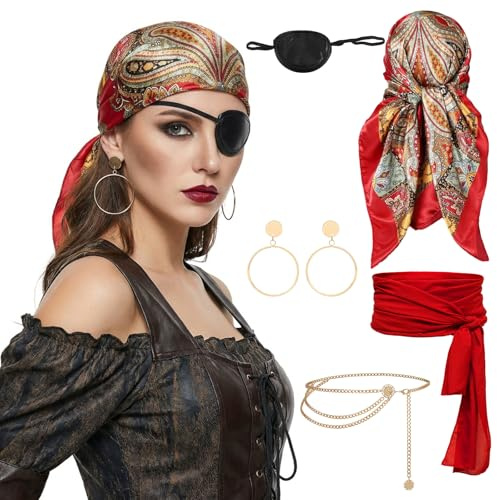 5 Stück Piratenkostüm Damen Set - Pirat Accessories mit Turban, Hüfttuch, Augenmaske, Ohrringe & Hüftkette. Zubehör für Pirat Kostüm Damen & Piraten Kostüm an Karneval, Fasching Mottoparty, Halloween.