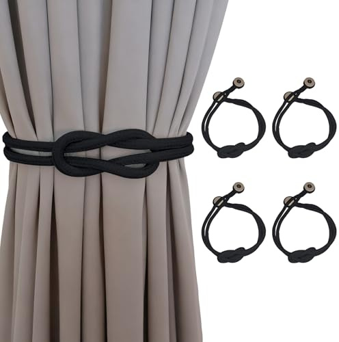 4 Stück Magnetische Vorhang Raffhalter, COGVOHY Europäische Raffhalter für Vorhänge Gardinen Halter Holdbacks Haken Clip, Magnetische Gardinenhalter für Zuhause Büro Hotel Dekorativer Vorhang(Schwarz)