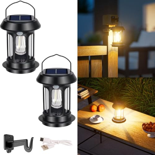 RNPKZ 2 Stück Solarlampen für Außen Hängend, Solar Laternen für Draußen mit LED-Glühbirne und Bewegungsmelder,IP65 Wasserdicht Solarlaterne für Außen mit Handhaben für Camping Terrasse Rasen Hof Patio