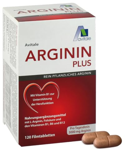 Avitale Arginin Plus Arginin, Vitamin B1, B6, B12 + Folsäure, 120 Tabletten | Unterstützt die normale Herzfunktion: Vitamin B1 und 3000 mg rein pflanzliches Arginin als praktische Tablette, 2x täglich
