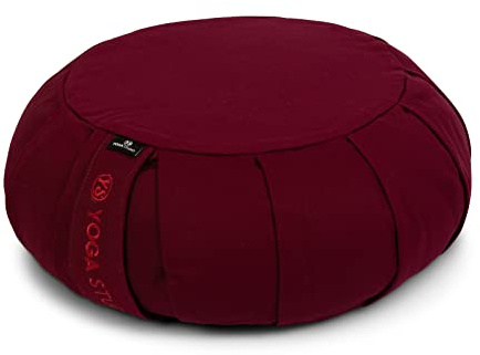 Yoga Studio EU Round Zafu - Cojín de meditación de algodón orgánico | Cascos de Trigo sarraceno | Funda extraíble Lavable | Asa de Transporte (Borgoña)