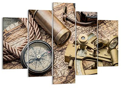 ARTTOR Bilder auf Leinwand 150x100cm Leinwandbild Kompass Kompass Karte Groß XXL Wanddeko Bild Schlafzimmer Set 5 teilige Wandbilder Dekoration Wohnzimmer Canvas Wand Kunstdruck Art EA150x100-3730