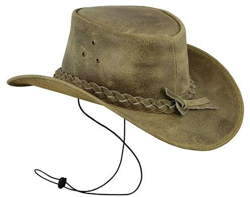 Leatherick Unisex-Cowboyhüte aus echtem Mad-Horse-Leder im West-Aussie-Stil mit Kinnriemen (2XL, Verrücktes Beigebraun)