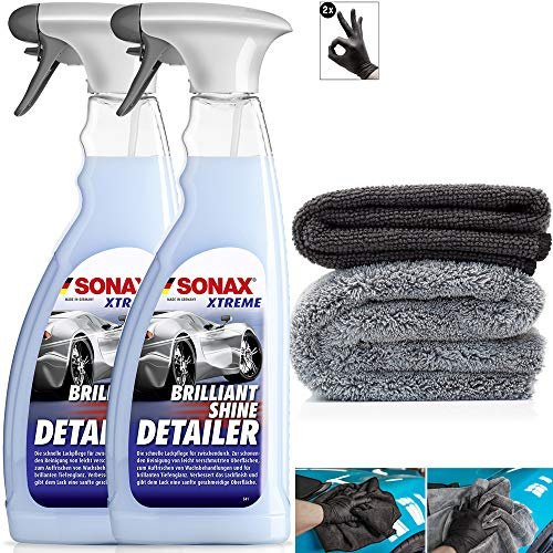 detailmate Trockenreinger Auto Set: 2X Sonax Xtreme BrilliantShine Detailer, 750ml Sprühflasche + kurzfloriges Mikrofasertuch 320GSM + langfloriges Poliertuch 550GSM + Schutzhandschuhe