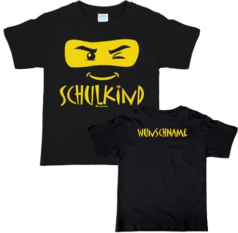 Kinder T-Shirt Schulkind Ninja Einschulungs-T-Shirt mit Wunschname auf dem Rücken, schwarz