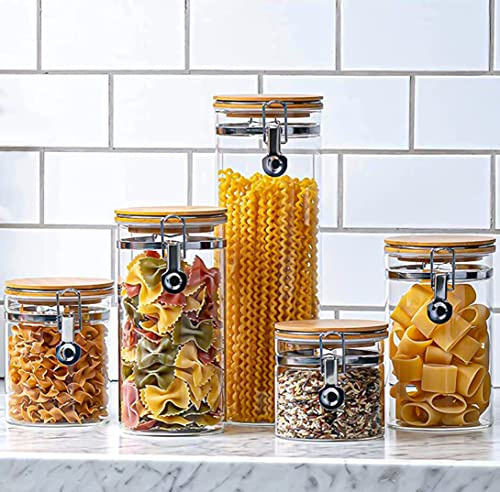 Le'raze Set of 5 Borosilicate Glass Food Storage Canisters with Airtight Bamboo Clamp Lid, Kitchen Bathroom and Pantry Organization Containers, Cookie Jars for Flour