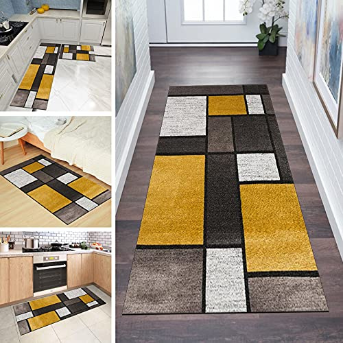 Teppich Läufer Flur rutschfest 60x180cm Küchenteppich Patchwork Braun Gelb Grau Waschbar Meterware Schlafzimmer Korridor Teppichläufer Lang, Länge Anpassbare, 60/ 70/ 80/ 90/ 100/ 110/ 120cm Breit