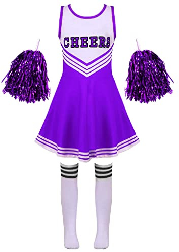 Zaldita Kinder Mädchen Cheer Leader Kostüm Ärmellos Cheer Minikleid + Socken + Pompons Cheerleading Kostüm Fasching Party Cosplay Costume